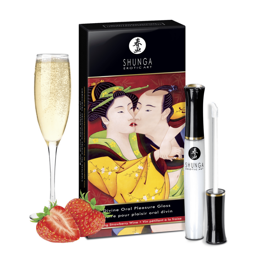 Shunga Divine Oral Lipgloss aardbei sprankelende wijn 10 ml met verpakking, tube, verse aardbeien en champagneglas