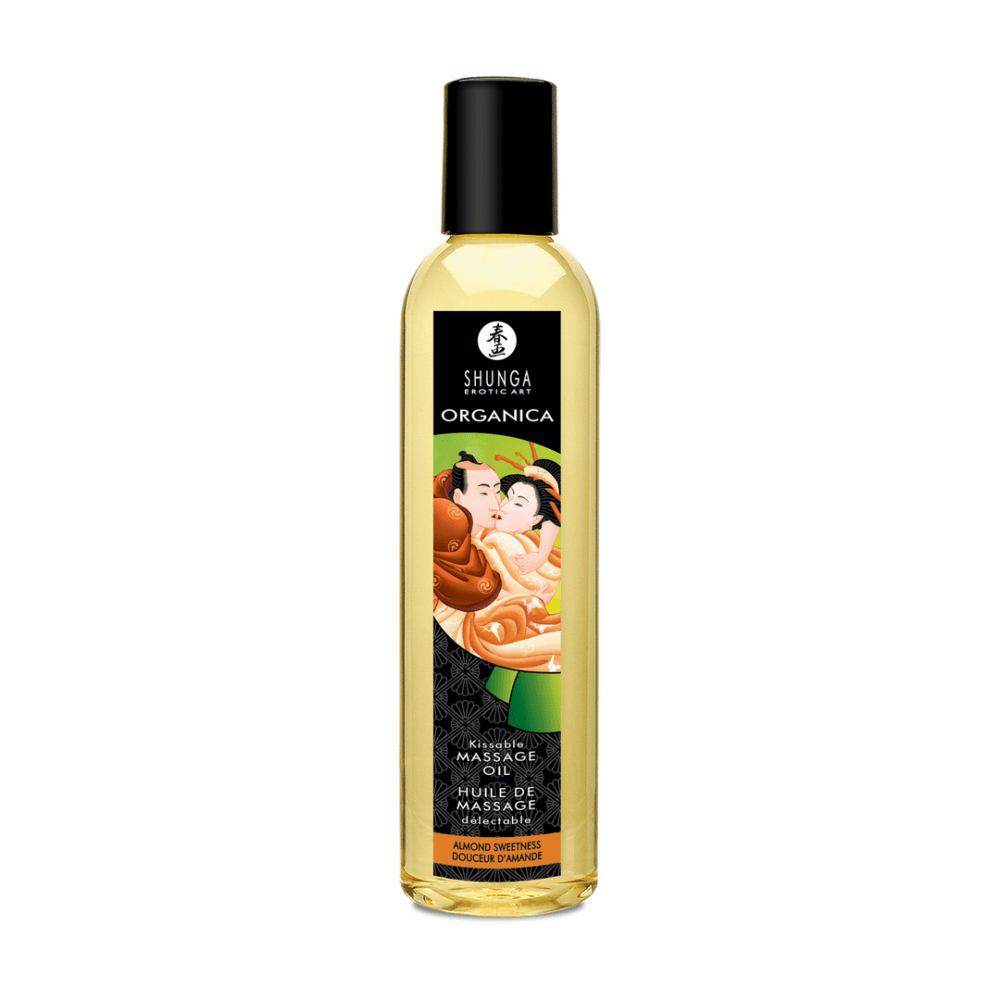 Shunga Sweet Kisses kissable massage olie, slanke fles met illustratie, zoete smaak