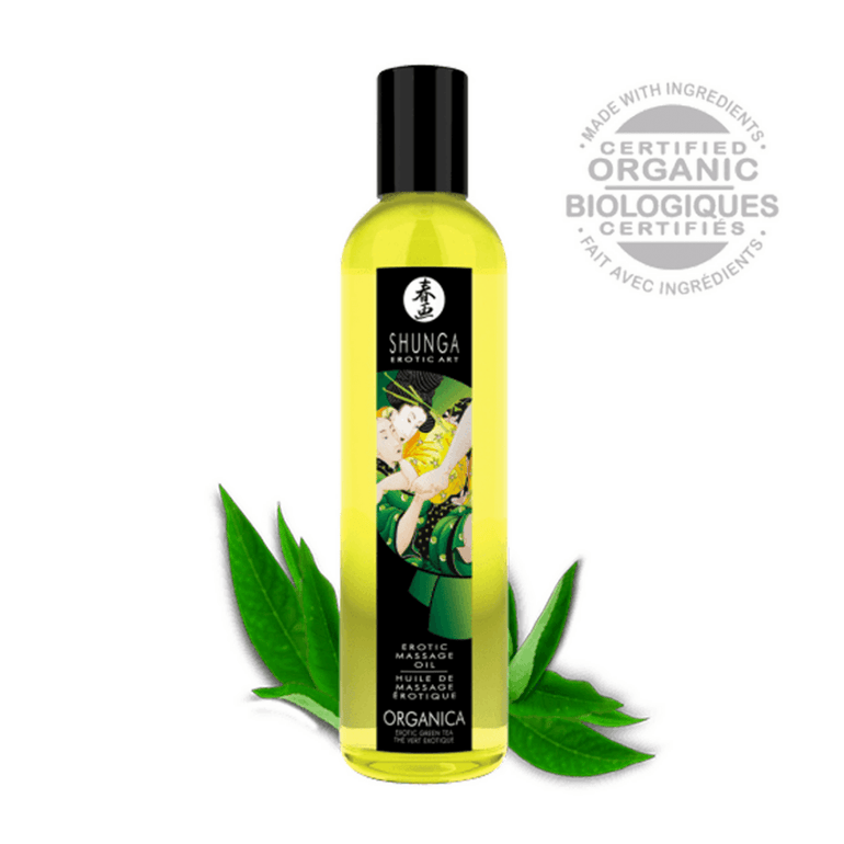 Shunga organica massageolie, groene verpakking, verzorgend en natuurlijk