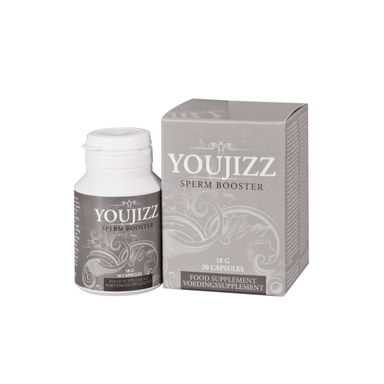 Pharmquests Youjizz Sperm Booster, voor en zijaanzicht van de verpakking, 30 capsules