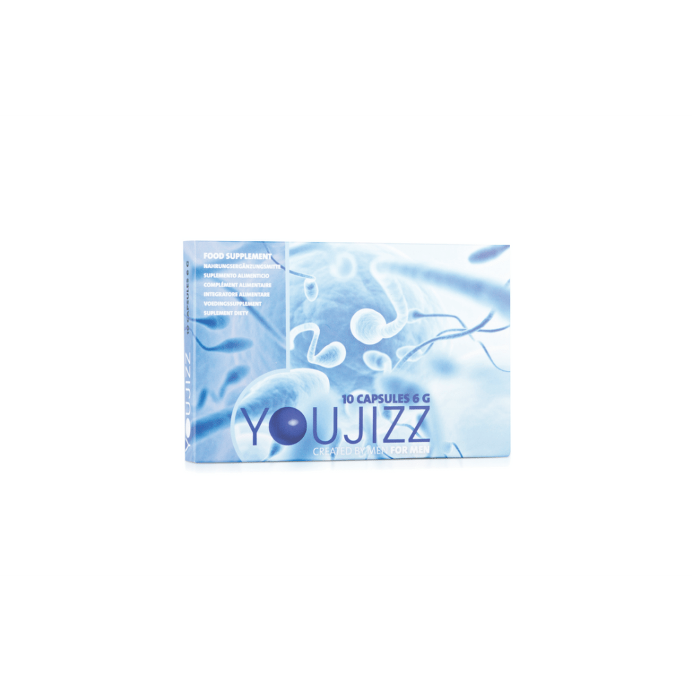 Pharmquests Youjizz capsules voor mannen, doosje met 10 stuks, productfoto op witte achtergrond