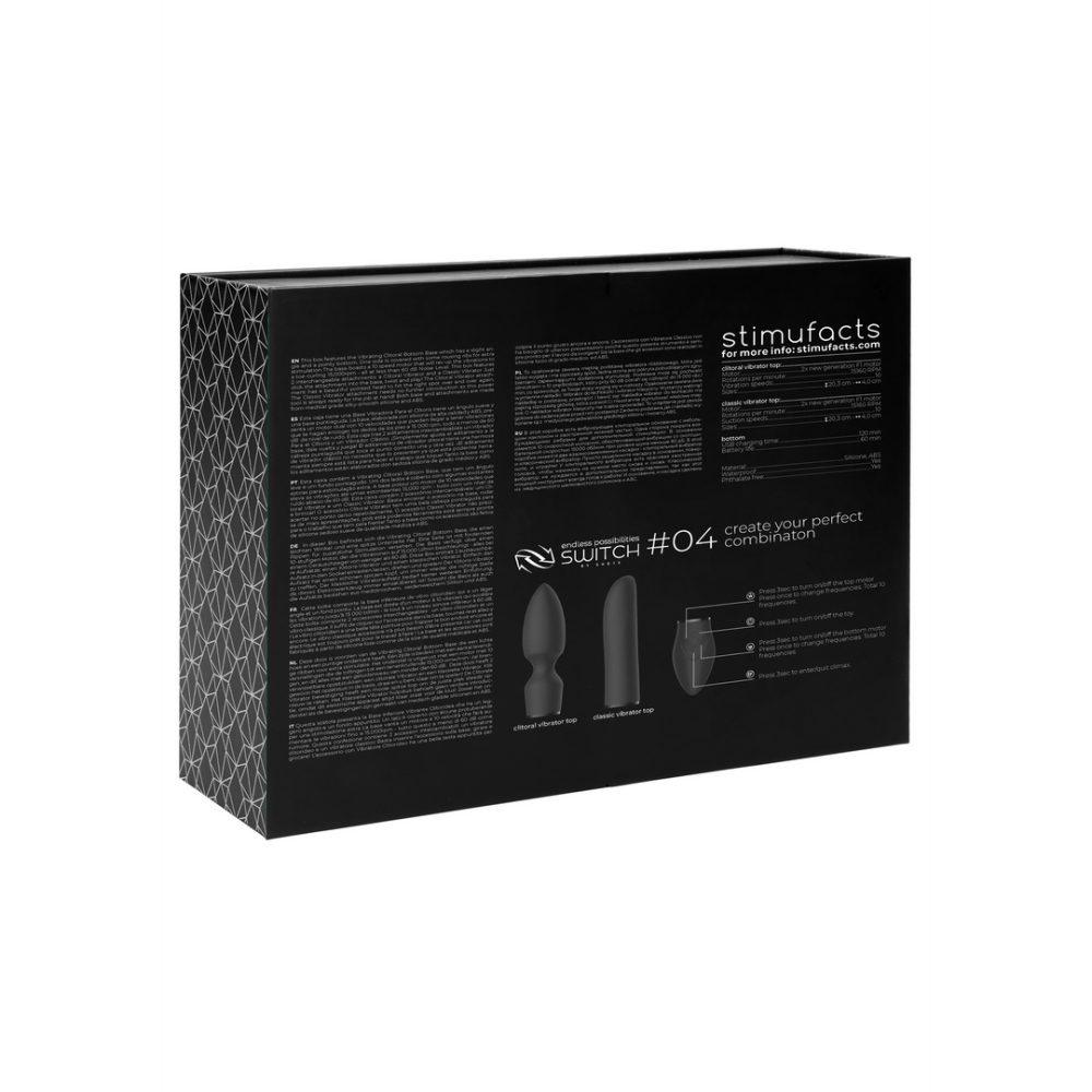 Zwarte Switch by Shots vibrator set doos linkerzijde met specificaties en iconen