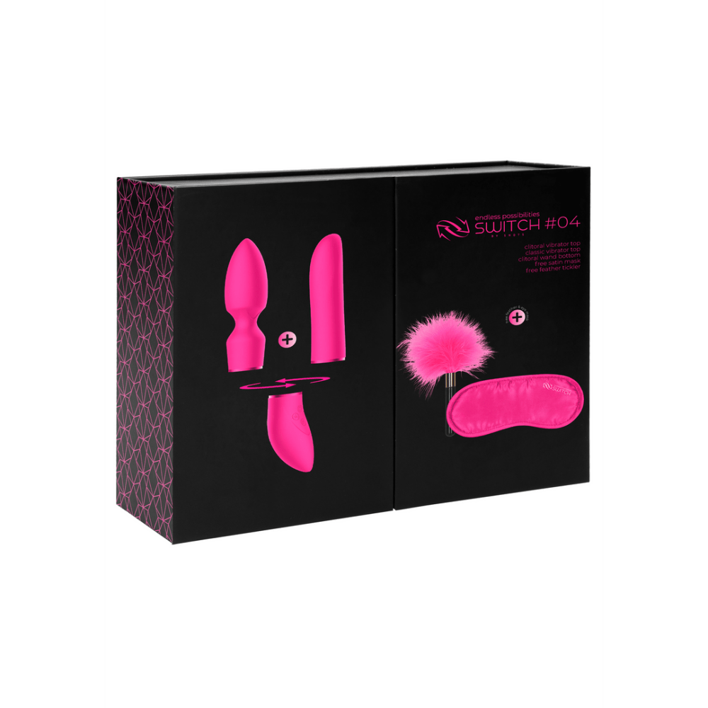 Roze Switch by Shots vibrator set in doos voorzijde met productfoto en tekst Elegant en Krachtig