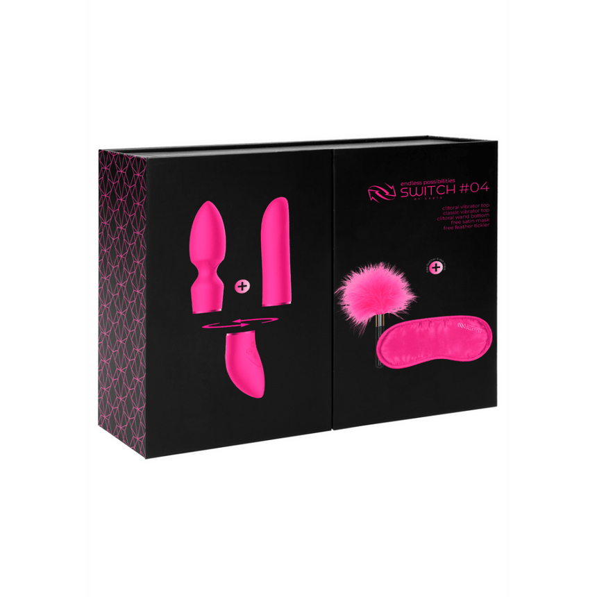 Roze Switch by Shots vibrator set in doos voorzijde met productfoto en tekst Elegant en Krachtig