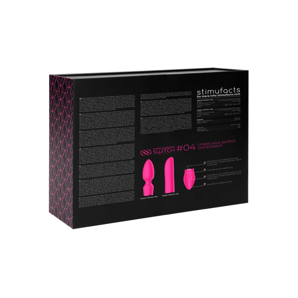 Roze Switch by Shots vibrator set doos achterzijde met inhoud en gebruik pictogrammen