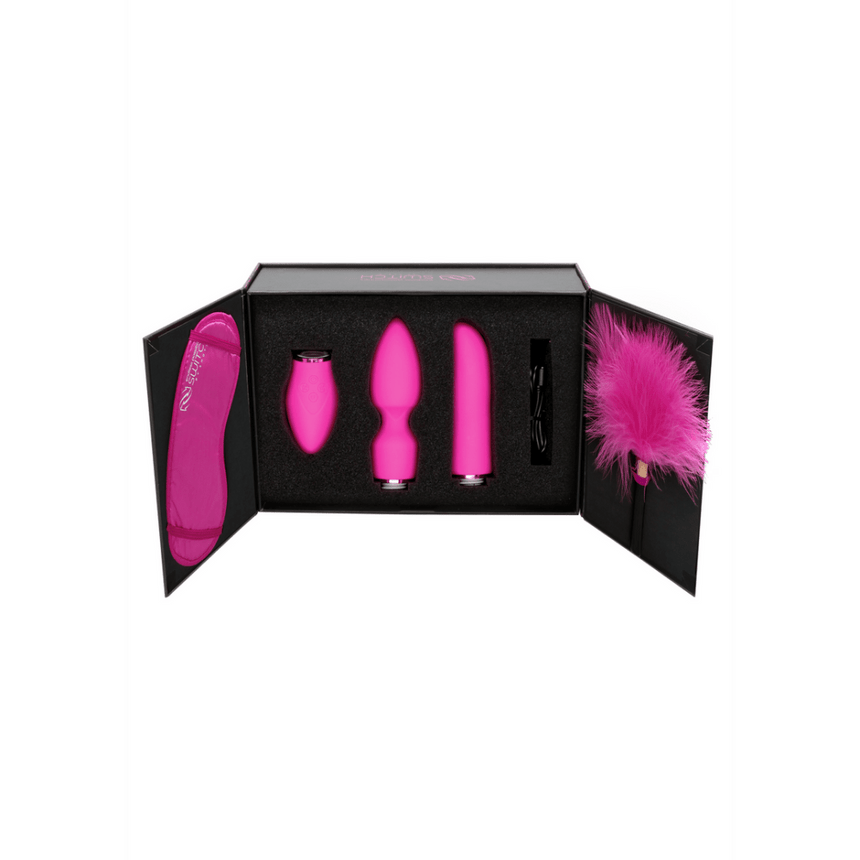 Twee roze opzetstukken voor Switch vibrator een elegante kromming en een krachtige puntkop