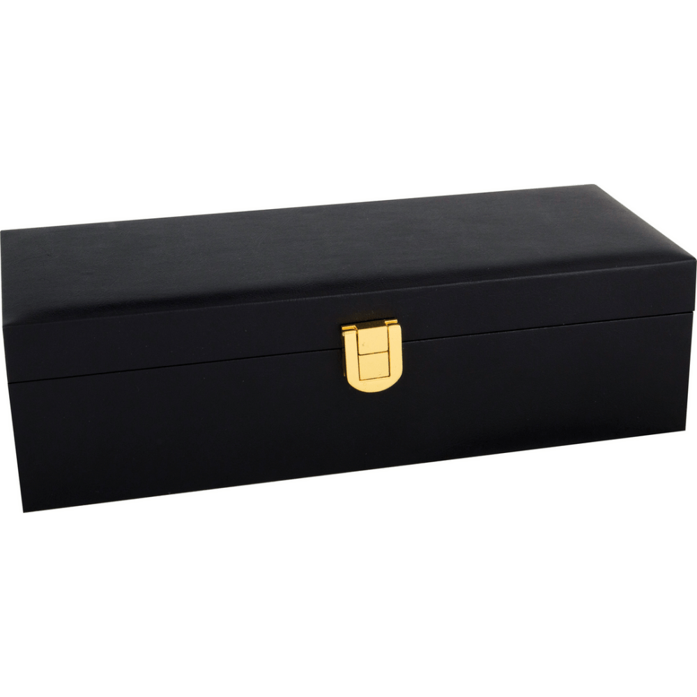 Opis 18K gouden vibrator, zwarte giftbox gesloten met goud logo, premium verpakking