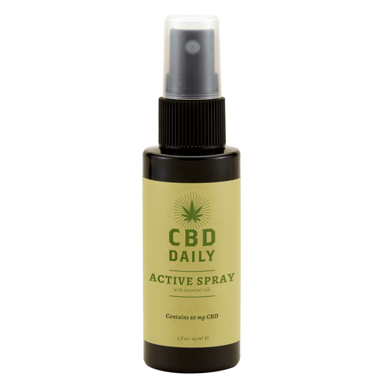 Earthly Body Actieve Spray 60 ml, CBD wellness spray, verfrissend en koelend, pompflacon op witte achtergrond