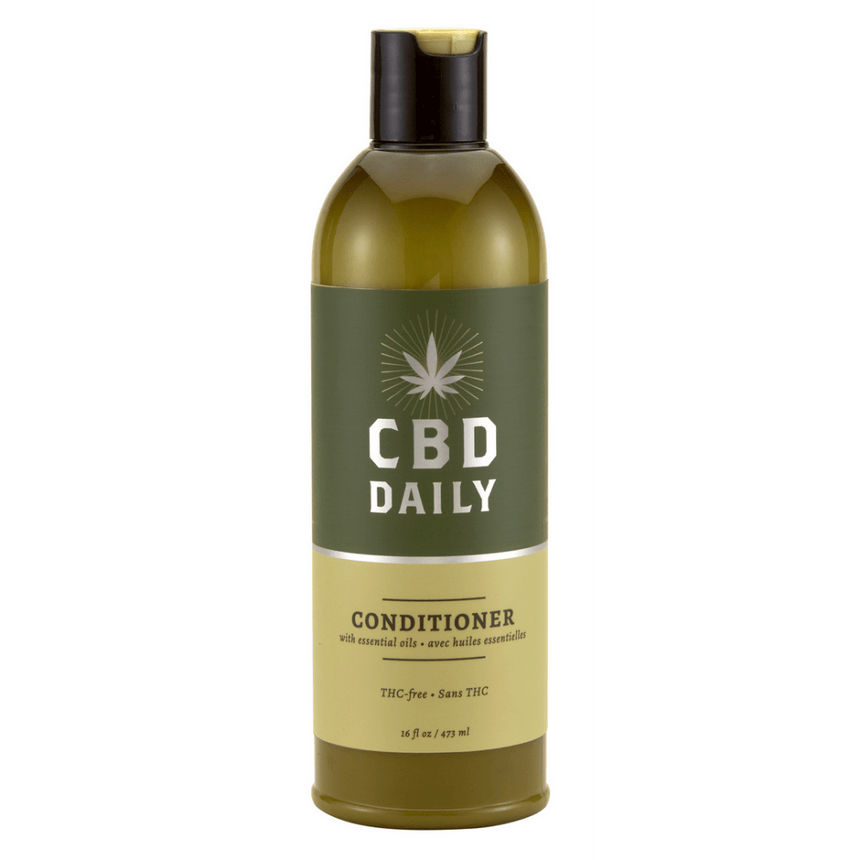 Earthly Body conditioner 473 ml met CBD en natuurlijke oliën in amberkleurige fles met zwarte dop, rechtopstaand productshot