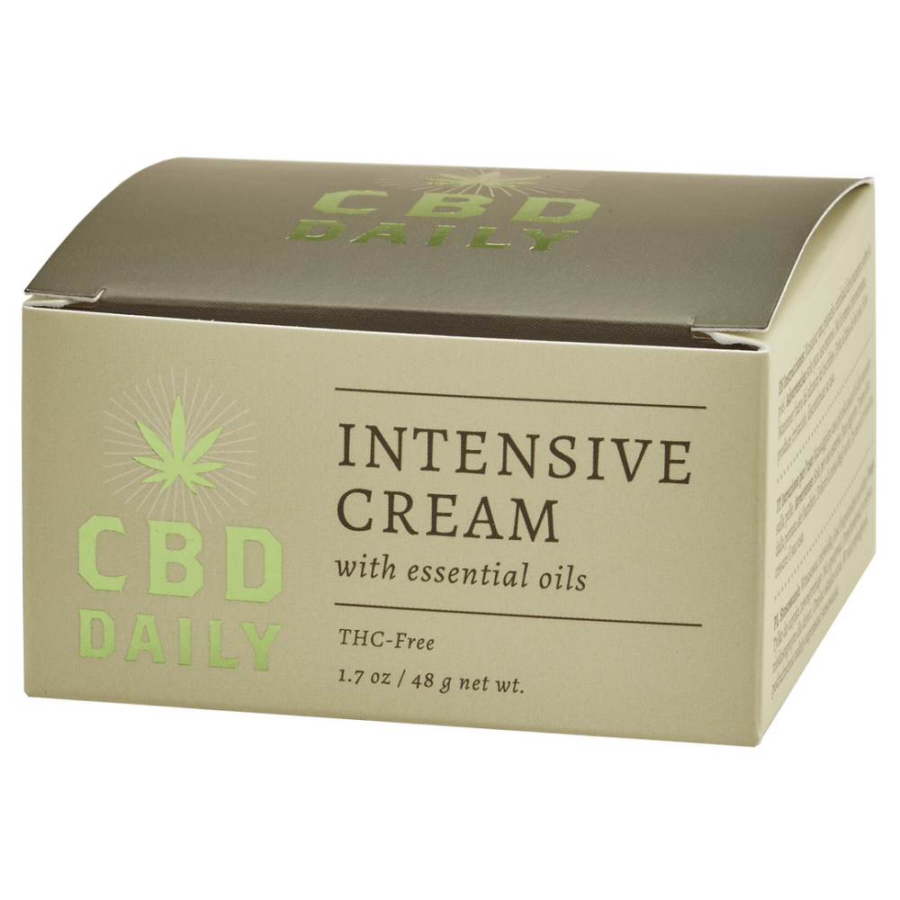 Earthly Body CBD Intensive Cream 48 gr in beige groene kartonnen doos, rechtopstaand productshot in studio