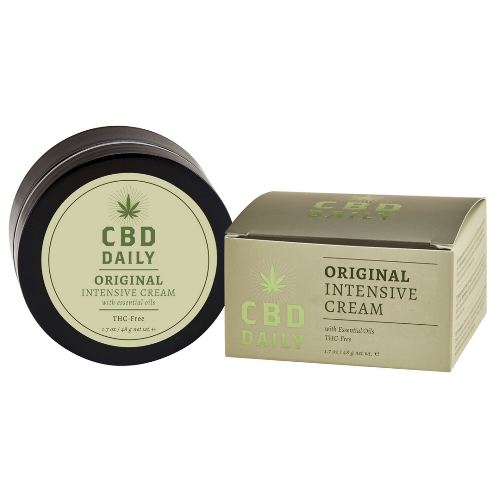Earthly Body Intensive Cream 48 gr CBD verzorging, zwarte pot naast beige groene doos, studio productfoto