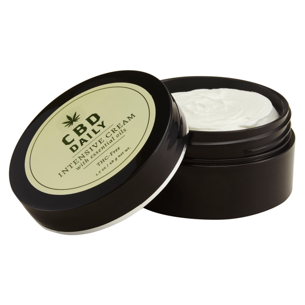 Zwarte pot Earthly Body CBD Intensive Cream 48 gr met beige groene label, rechtopstaand minimalistisch productshot