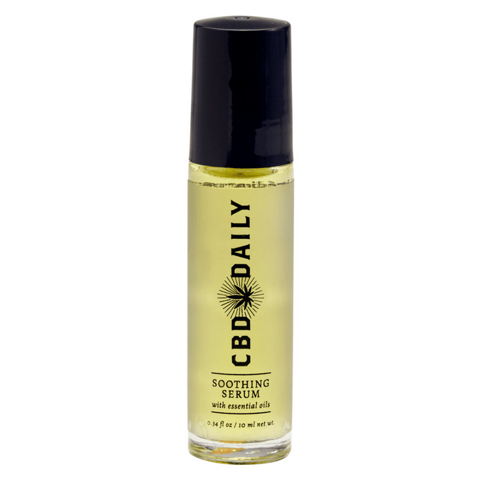 Earthly Body kalmerend serum rollerbal 10 ml in amberkleurig flesje met zwarte dop, rechtopstaand productshot