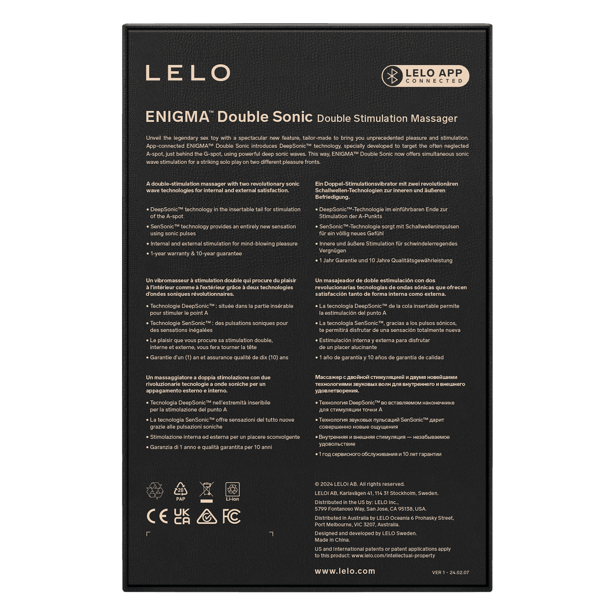 Achterzijde van de LELO ENIGMA Double Sonic-verpakking met productinformatie