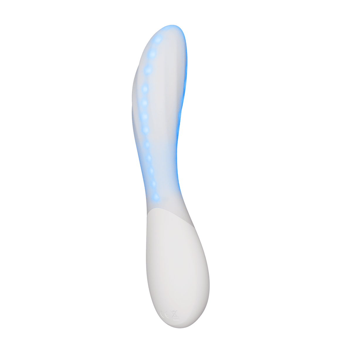 Achterzijde van de witte MONA Spectra met blauwe leds en glad handvat