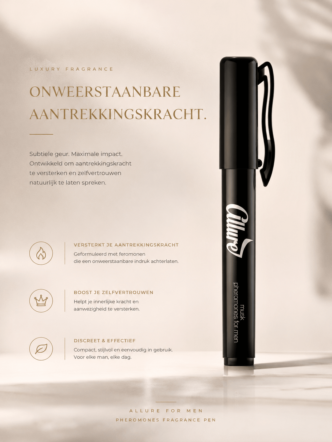 Allure For Men zwarte feromonen parfum pen in luxe beige campagnebeeld met gouden typografie