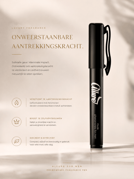 Allure For Men zwarte feromonen parfum pen in luxe beige campagnebeeld met gouden typografie