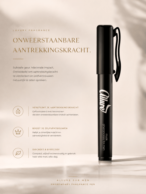 Allure For Men zwarte feromonen parfum pen in luxe beige campagnebeeld met gouden typografie