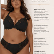 Allure grote maten lingerie in zwart kant, gedragen door curvy model naast tekst over pasvorm en zelfvertrouwen