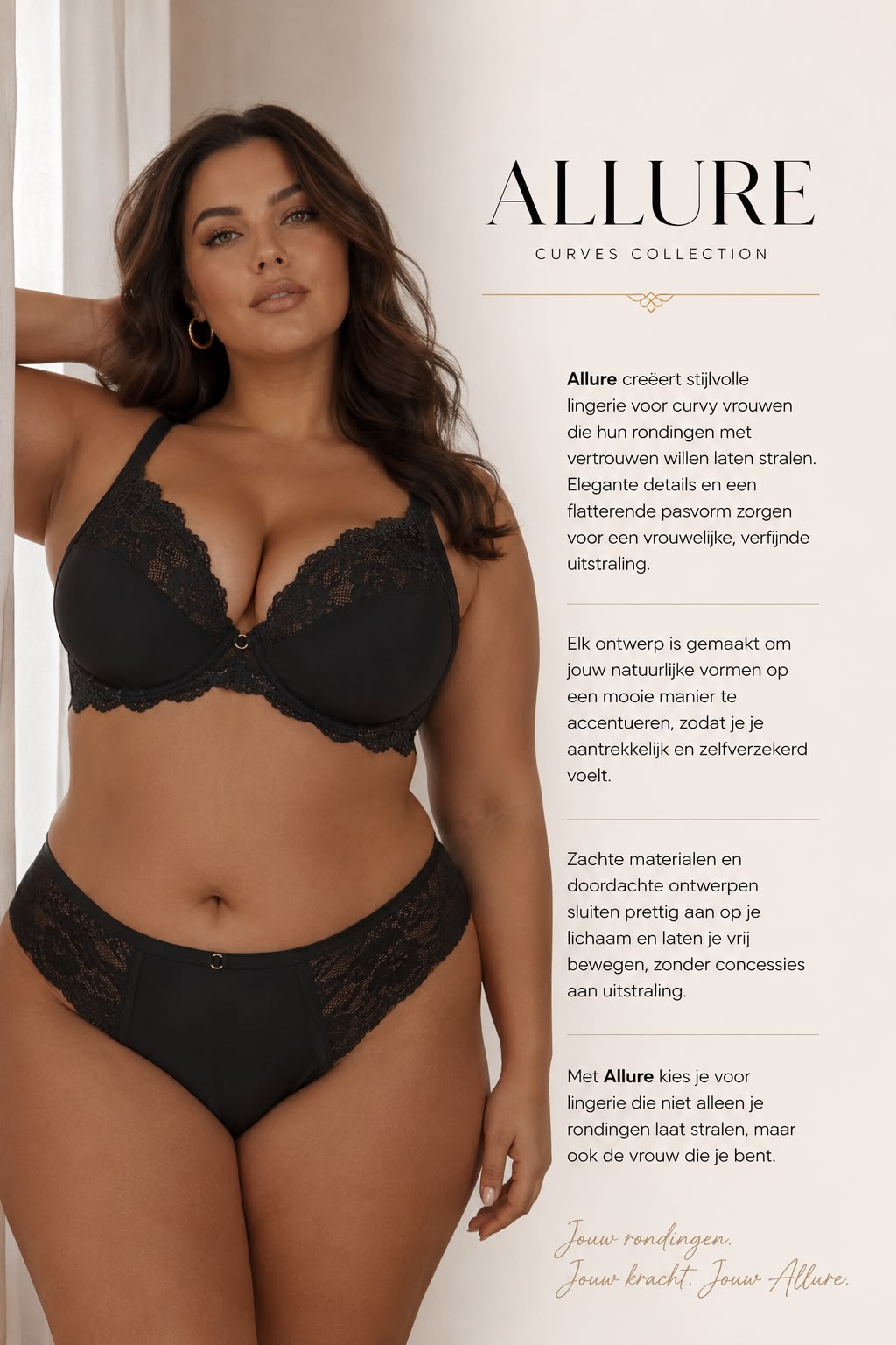 Allure grote maten lingerie in zwart kant, gedragen door curvy model naast tekst over pasvorm en zelfvertrouwen