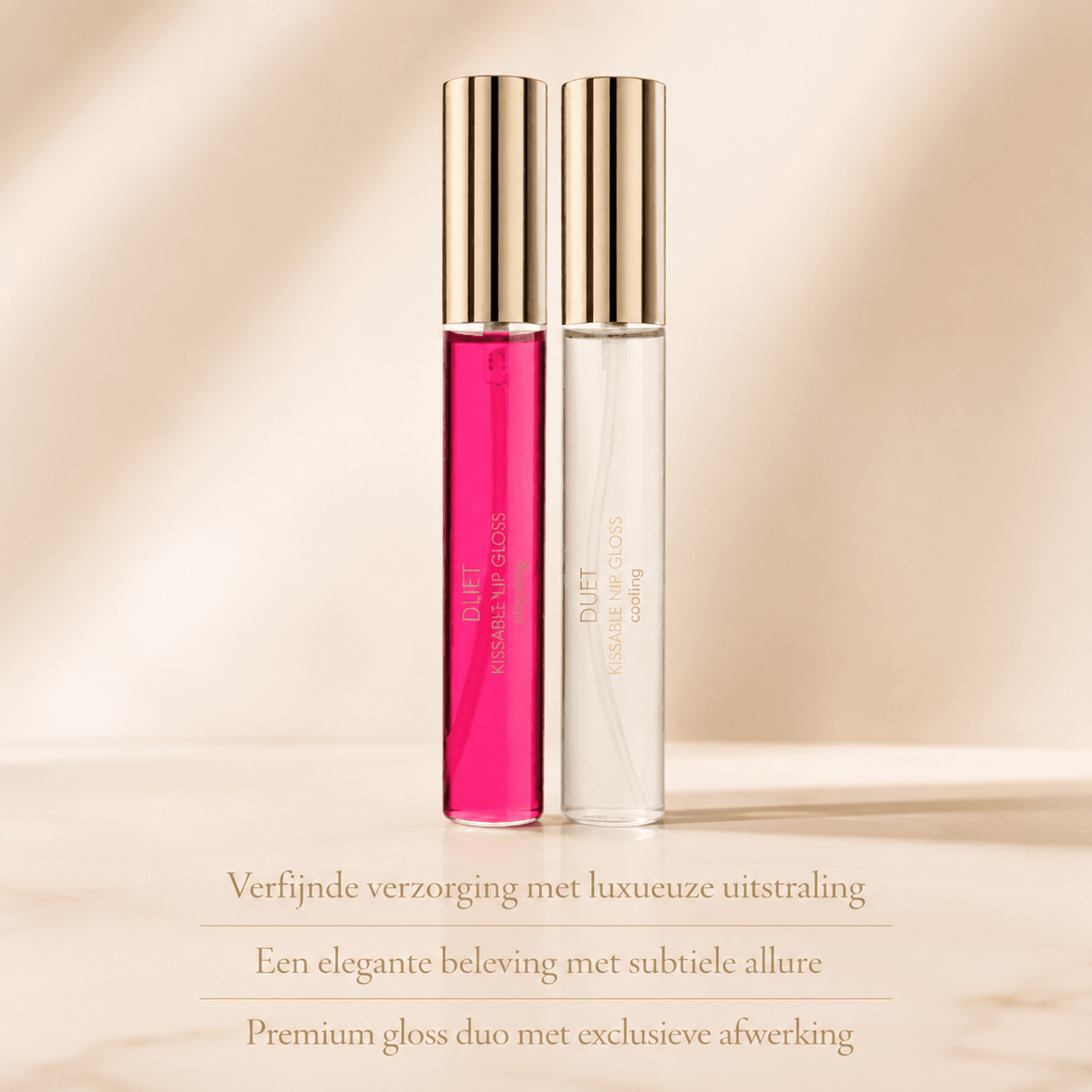 Bijoux Indiscrets Nip Gloss Duo 2x13 ml met roze en transparante glossflacons en goudkleurige doppen