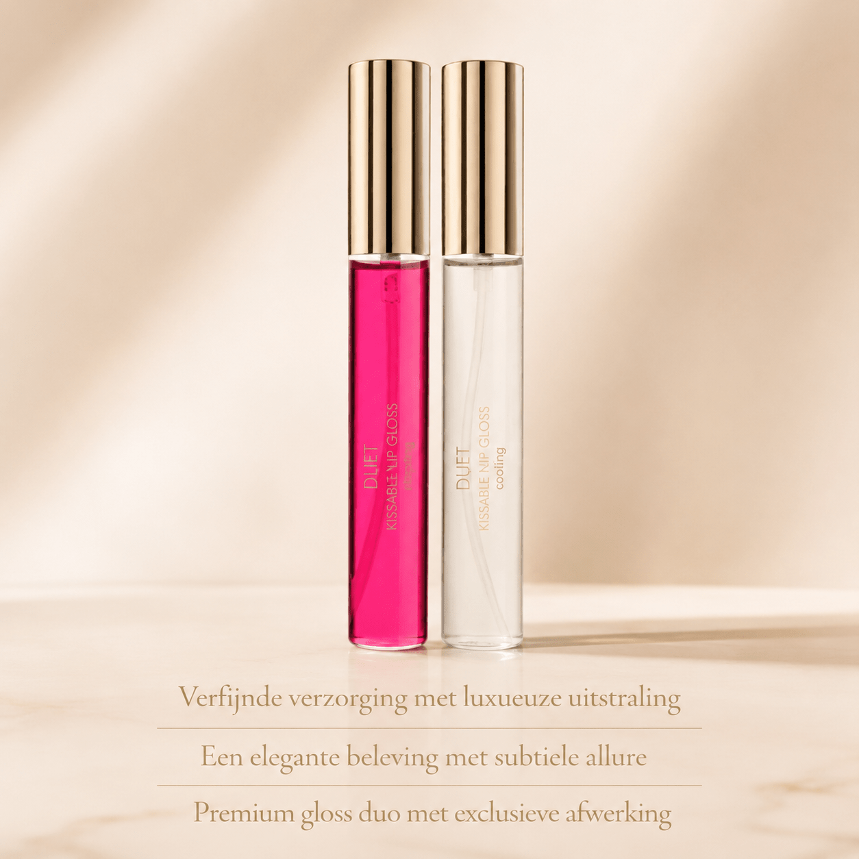 Bijoux Indiscrets Nip Gloss Duo 2x13 ml met roze en transparante glossflacons en goudkleurige doppen