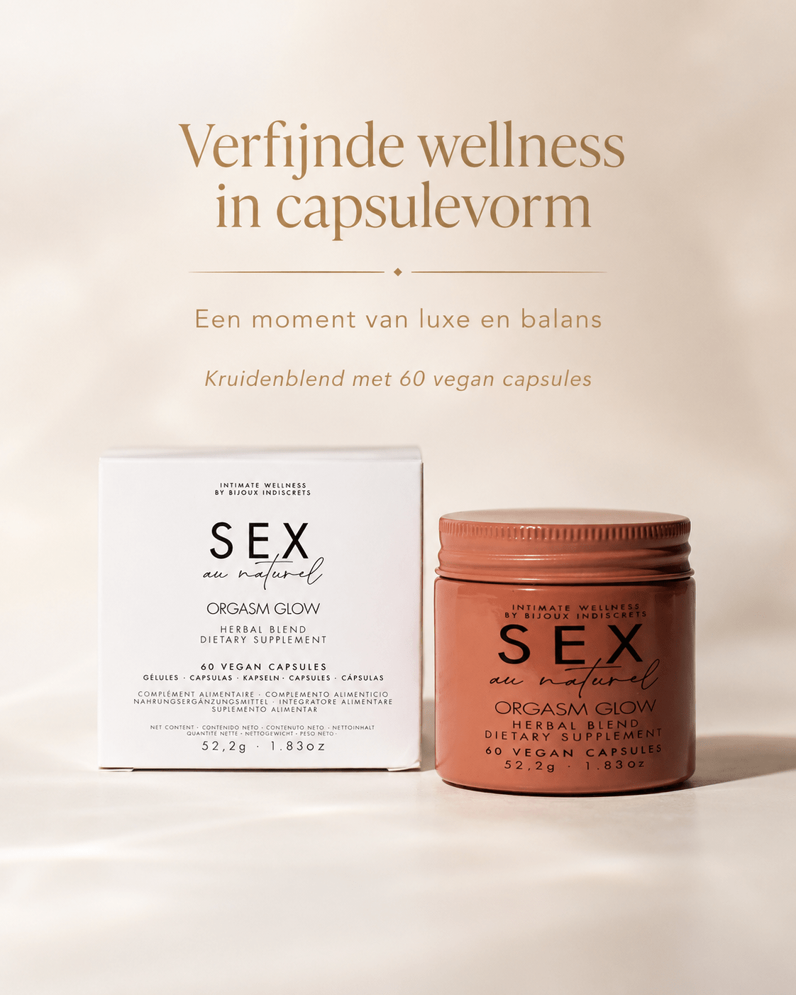 Bijoux Indiscrets Orgasm Glow Libido Supplement met koperkleurige pot en tekst Verfijnde wellness in capsulevorm