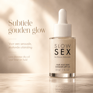Bijoux Indiscrets Slow Sex Shimmering Droogolie 30 ml in glazen pipetfles met tekst Subtiele gouden glow
