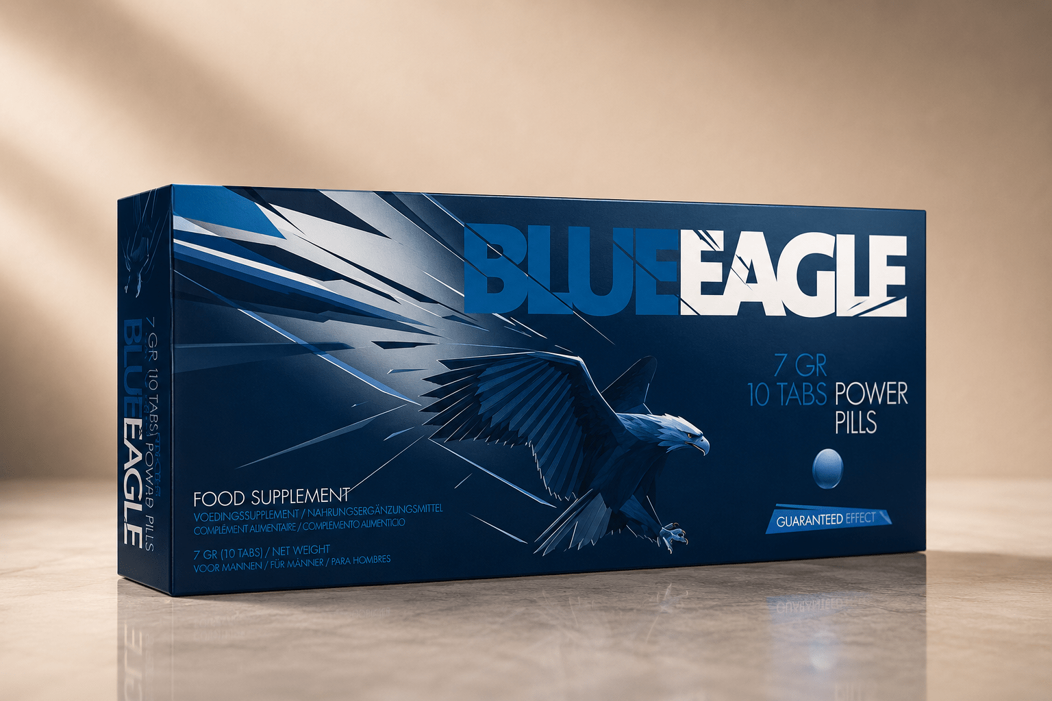 Blue Eagle 10 Tabs Power Pills verpakking in donkerblauw met adelaarprint en glanzende reflectie