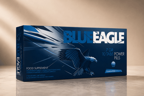 Blue Eagle 10 Tabs Power Pills verpakking in donkerblauw met adelaarprint en glanzende reflectie