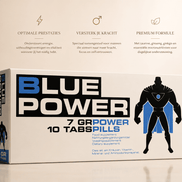 Blue Power 10 tabletten verpakking op beige achtergrond met zwart-blauwe tekst en silhouet van man
