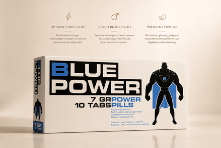 Blue Power 10 tabletten verpakking op beige achtergrond met zwart-blauwe tekst en silhouet van man