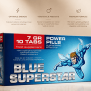 Blue Superstar Power Pills verpakking in blauw met rode accenten, superheldillustratie en informatieve tekst erboven