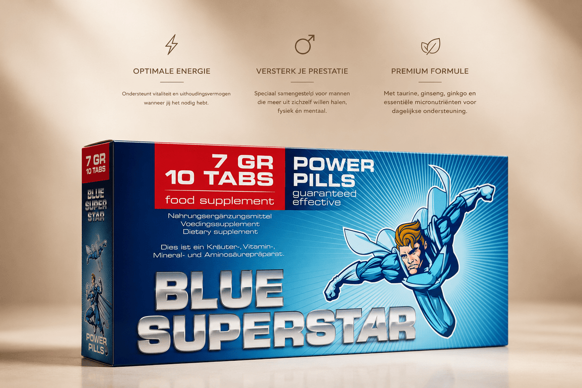 Blue Superstar Power Pills verpakking in blauw met rode accenten, superheldillustratie en informatieve tekst erboven