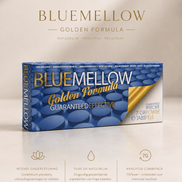 BlueMellow Golden Formula 7G Power voedingssupplement in blauwe verpakking op beige Touch-Me banner