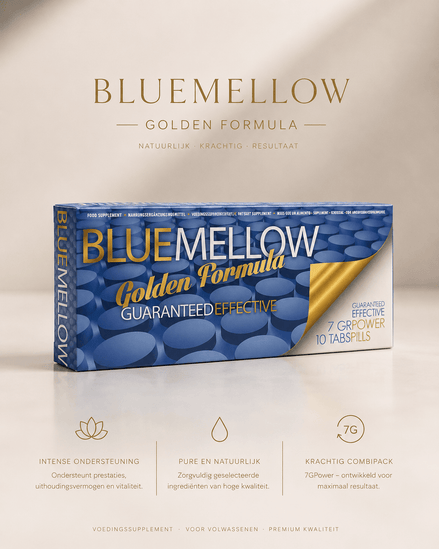 BlueMellow Golden Formula 7G Power voedingssupplement in blauwe verpakking op beige Touch-Me banner
