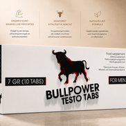 Bullpower Testo Tabs 10 tabletten verpakking in wit met zwarte stierprint op warme beige achtergrond