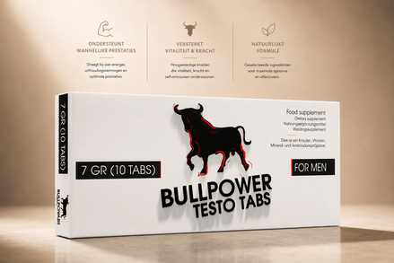 Bullpower Testo Tabs 10 tabletten verpakking in wit met zwarte stierprint op warme beige achtergrond