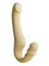 Beige Odes Within strapless strap-on vibrator in zijaanzicht met dubbele gebogen vorm en subtiele groeflijnen.