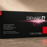 DieHard II Hardcore 10 tabletten verpakking in zwart en rood op beige achtergrond met glanzende reflectie