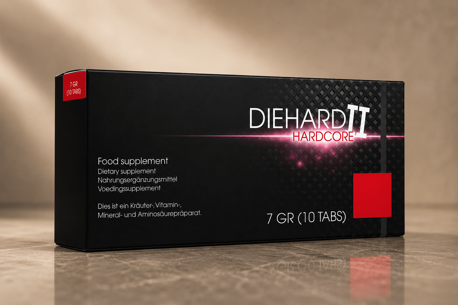DieHard II Hardcore 10 tabletten verpakking in zwart en rood op beige achtergrond met glanzende reflectie