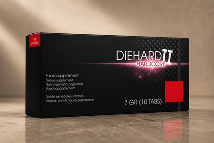 DieHard II Hardcore 10 tabletten verpakking in zwart en rood op beige achtergrond met glanzende reflectie