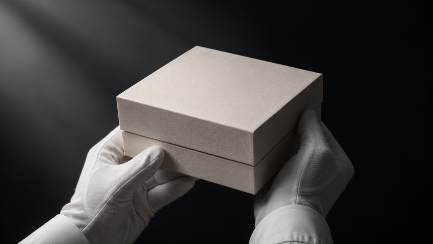 Luxe neutrale verpakking met witte handschoenen, symbool voor discrete bezorging en privacy bij Touch-Me