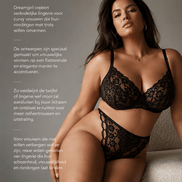 Dreamgirl grote maten lingerie in zwart kant, gedragen door curvy model naast tekst over pasvorm en rondingen