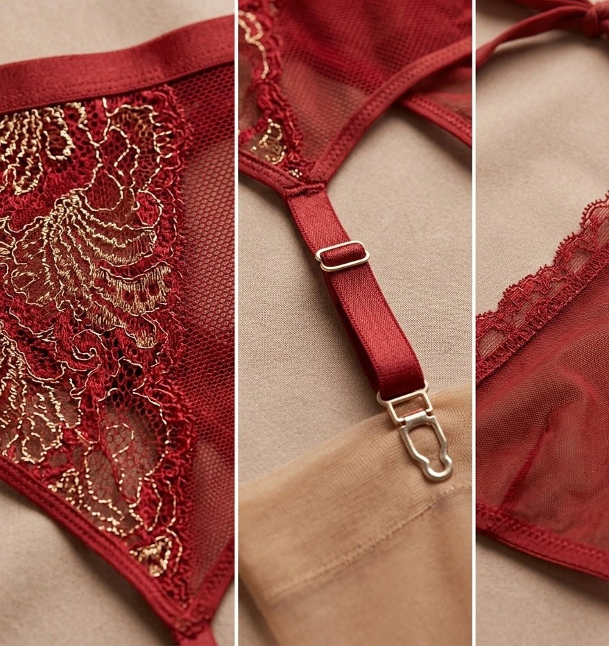 Detailcollage van Dreamgirl rode visnet en kanten lingerieset met gouden borduursel, jarretelbandje en mesh afwerking