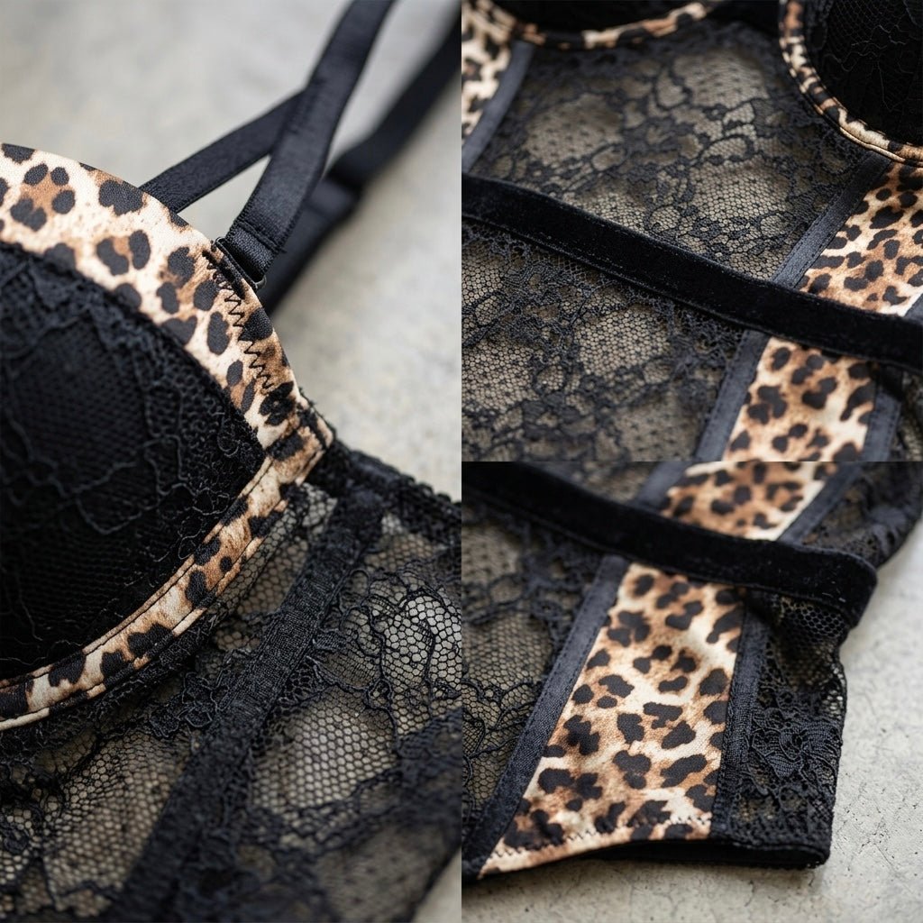 Detail van Dreamgirl zwarte mesh teddy met transparant kant, panterprint, verstelbare bandjes en luxe afwerking