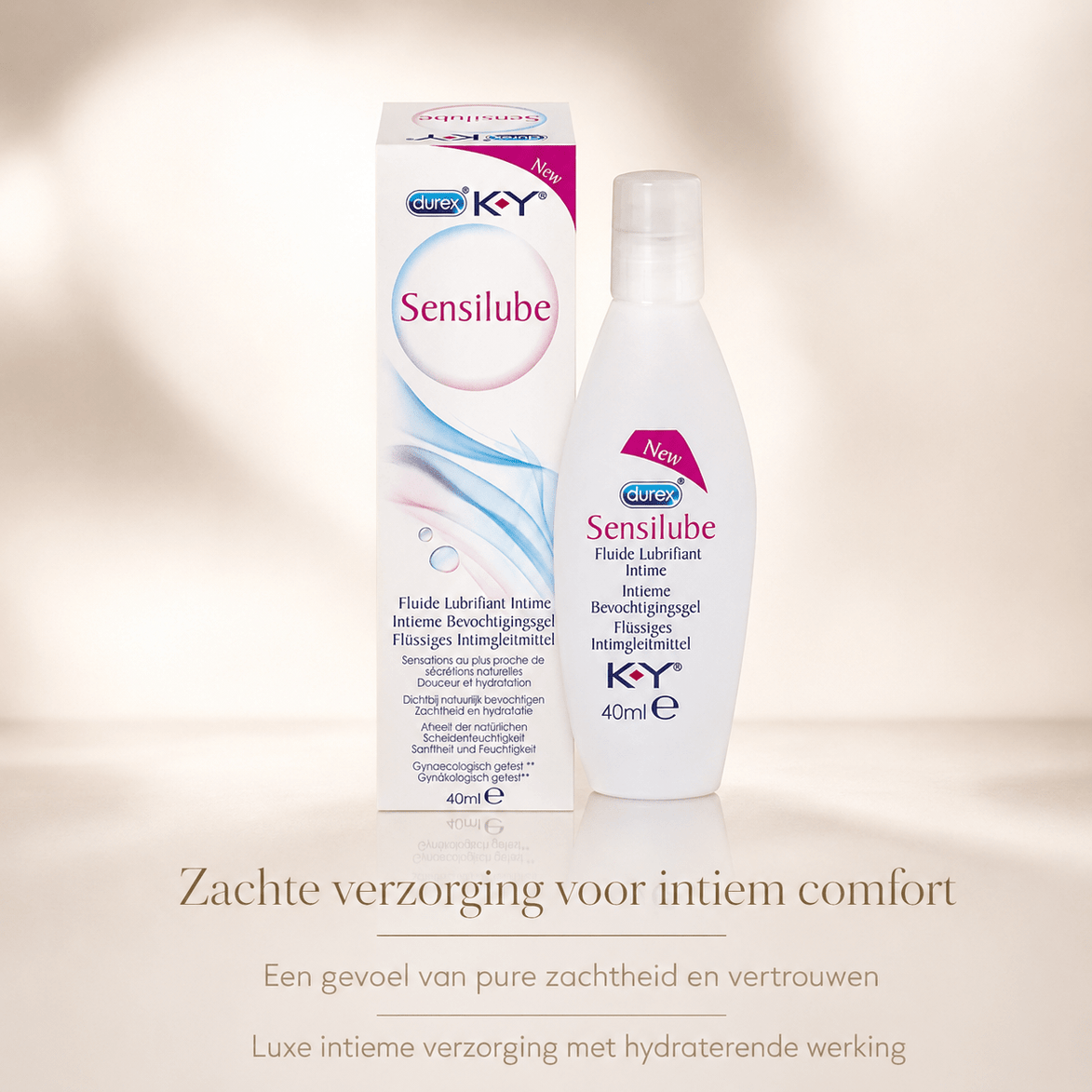 Durex KY Sensilube intiem glijmiddel 40 ml met verpakking en flesje in luxe beige verzorgingsbeeld