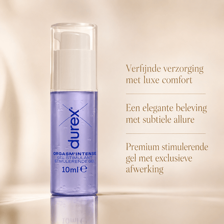 Durex Orgasm'Intense Gel 10 ml in transparante pompflacon met paarse gel en tekst Verfijnde verzorging