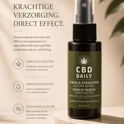 Earthly Body CBD Daily Active Spray 60 ml in donkere sprayflacon met tekst Krachtige verzorging, direct effect