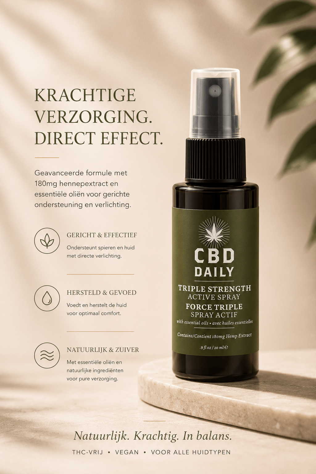 Earthly Body CBD Daily Active Spray 60 ml in donkere sprayflacon met tekst Krachtige verzorging, direct effect